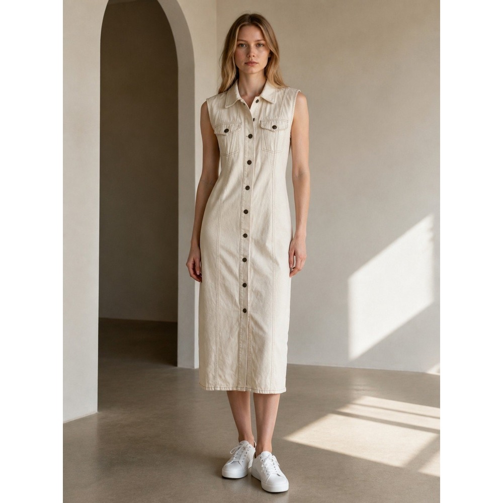 House of Harlow 1960 Cream Denim Midi Dress Sleeveless Button Front Utility M
